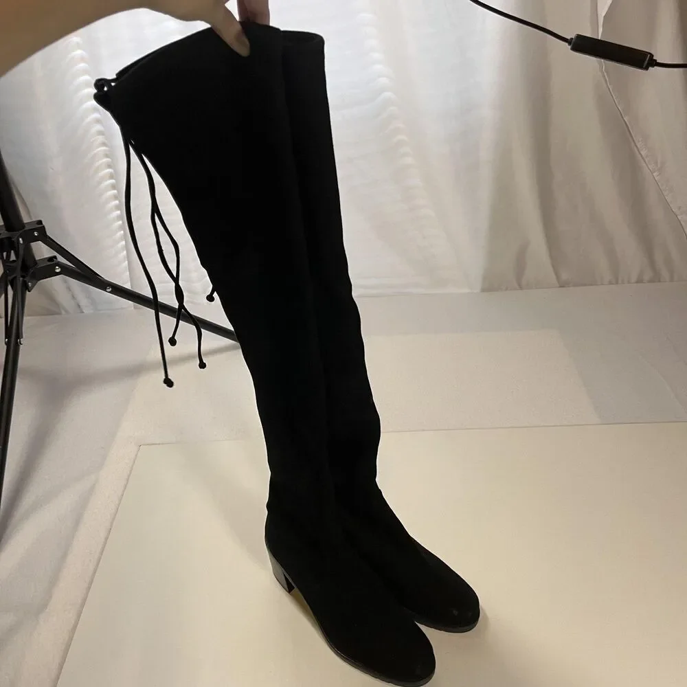 Stuart Weitzman Suede Tieland Boots 8 Black Over The Knee Chunky Block Heel
